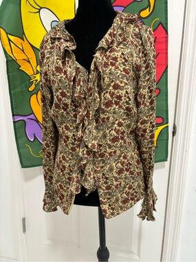 Kate Hill Floral Ruffle Blouse in Cream and Burgundy